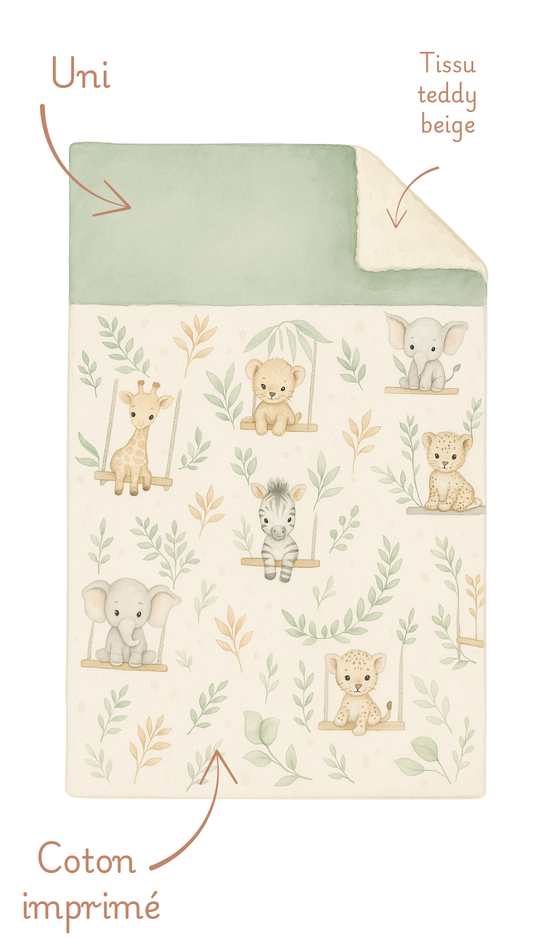 Couverture bébé Célène personnalisée, détail des matières : coton imprimé, bande unie et tissu teddy beige