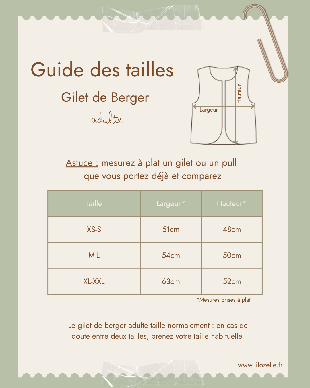Guide des tailles du gilet de berger adulte Lil'O'Zelle, tailles XS-S, M-L et XL-XXL