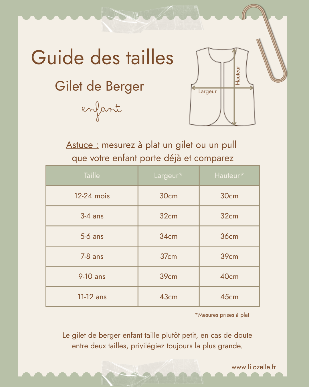 Guide des tailles du gilet de berger enfant Lil'O'Zelle, du 12-24 mois au 11-12 ans