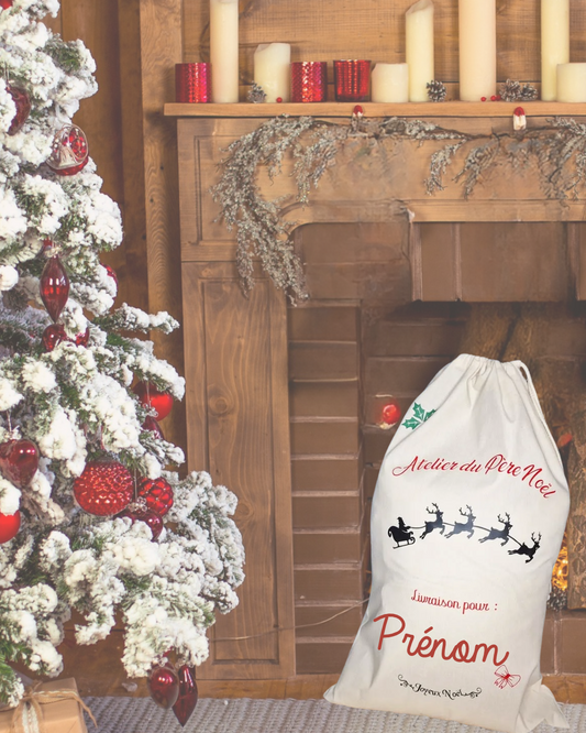 Hotte de Noël coton personnalisée au prénom – prête à partir