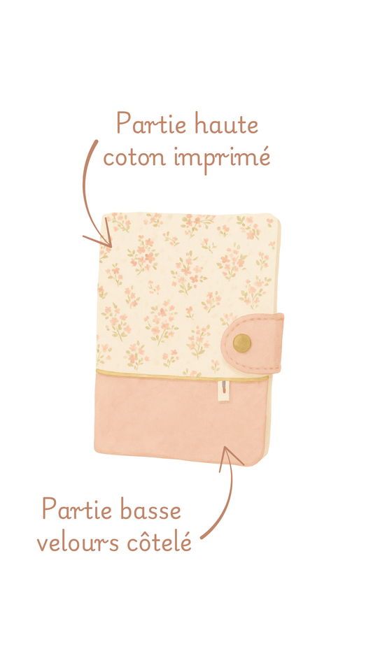 Protège carnet de santé personnalisé, détail des matières : coton imprimé et velours côtelé