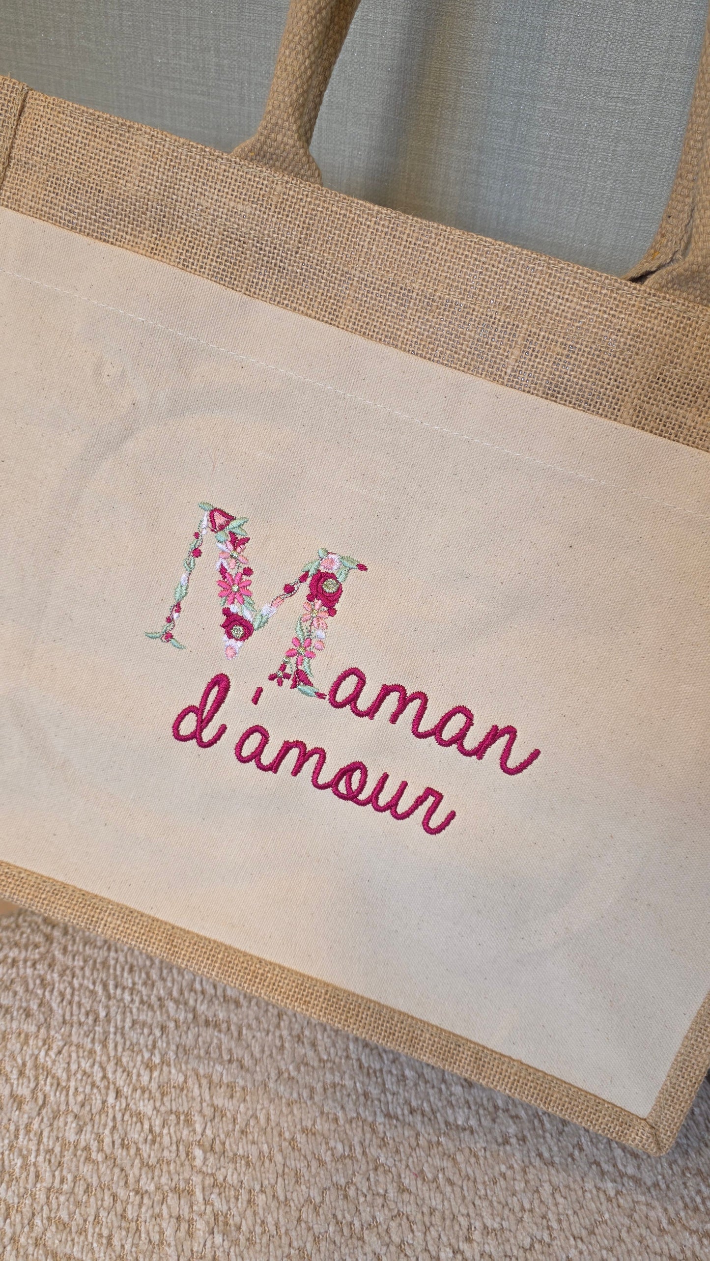 Sac en jute brodé Maman d'amour
