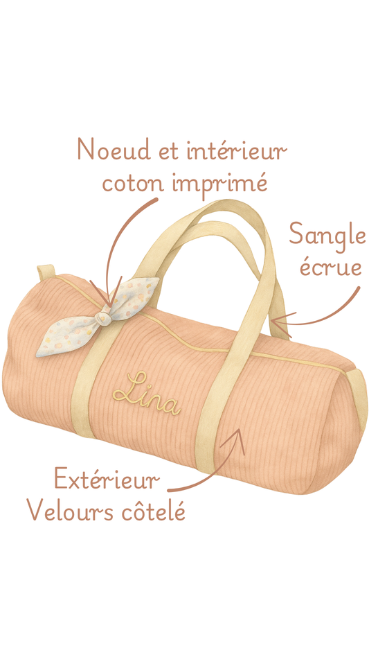 Sac polochon bébé personnalisé, détail des matières : velours côtelé, nœud et intérieur en coton imprimé