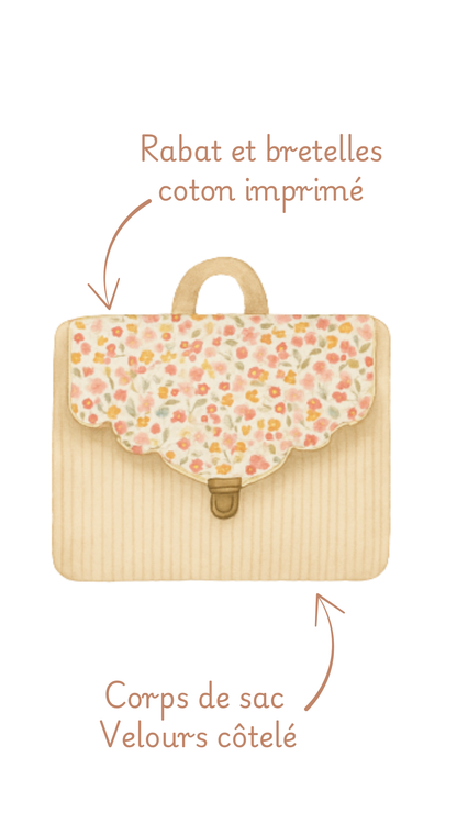 Cartable enfant Bertille personnalisé, détail des matières : rabat en coton imprimé et corps en velours côtelé