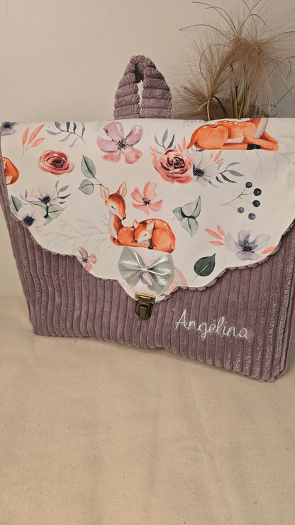Cartable enfant Bertille personnalisé, velours taupe et rabat fleuri renard, prénom brodé