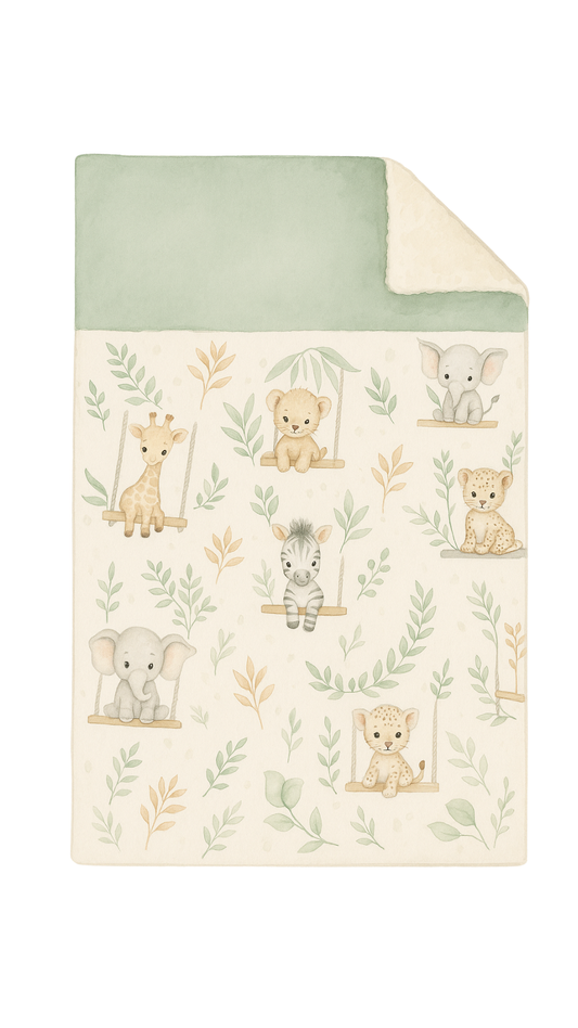 Couverture bébé personnalisée Célène, double gaze, coton imprimé animaux et dos sherpa – fait main par Lil'O'Zelle