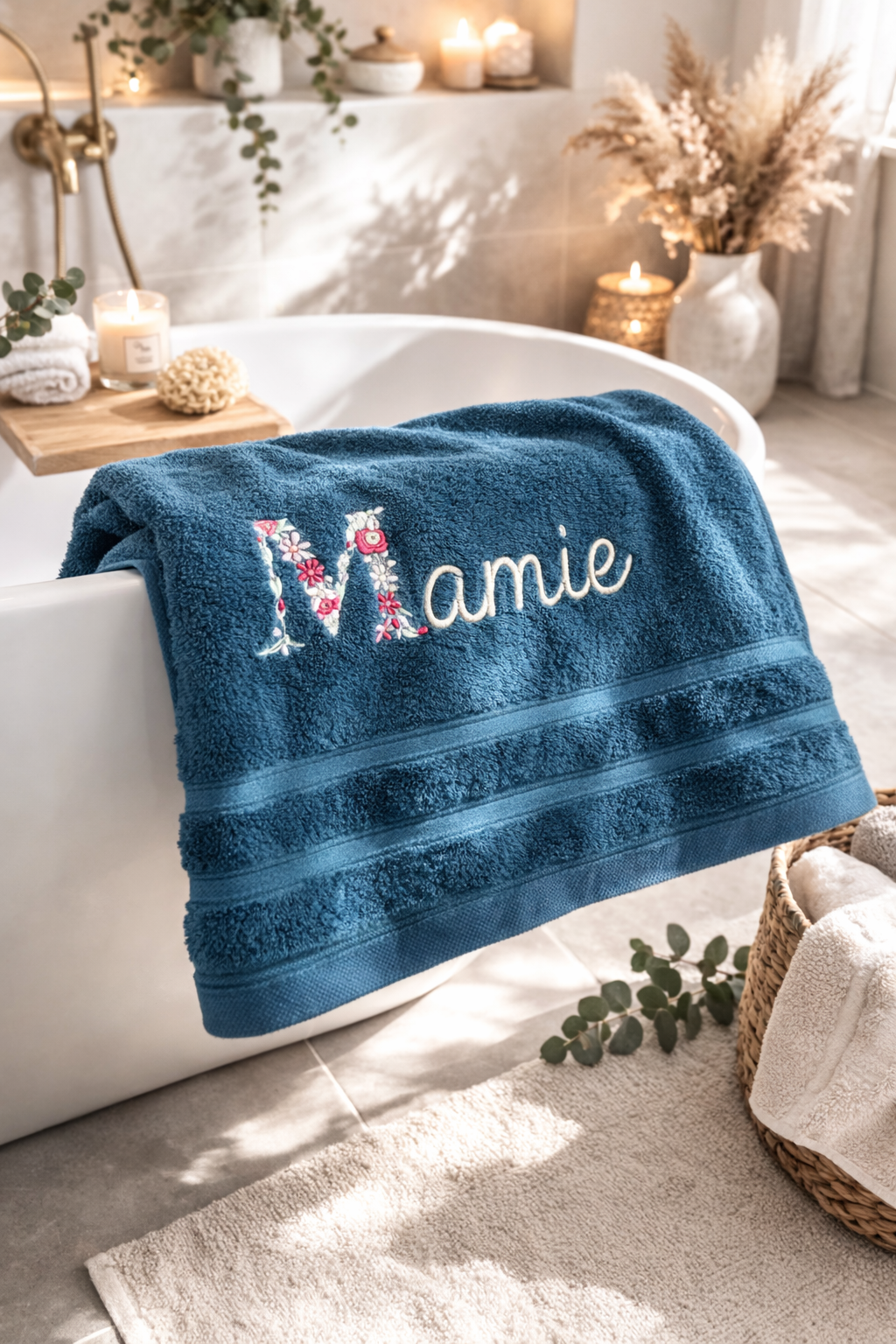 drap de bain brodé, broderie mamie, drap de bain bleu canard broderie mamie