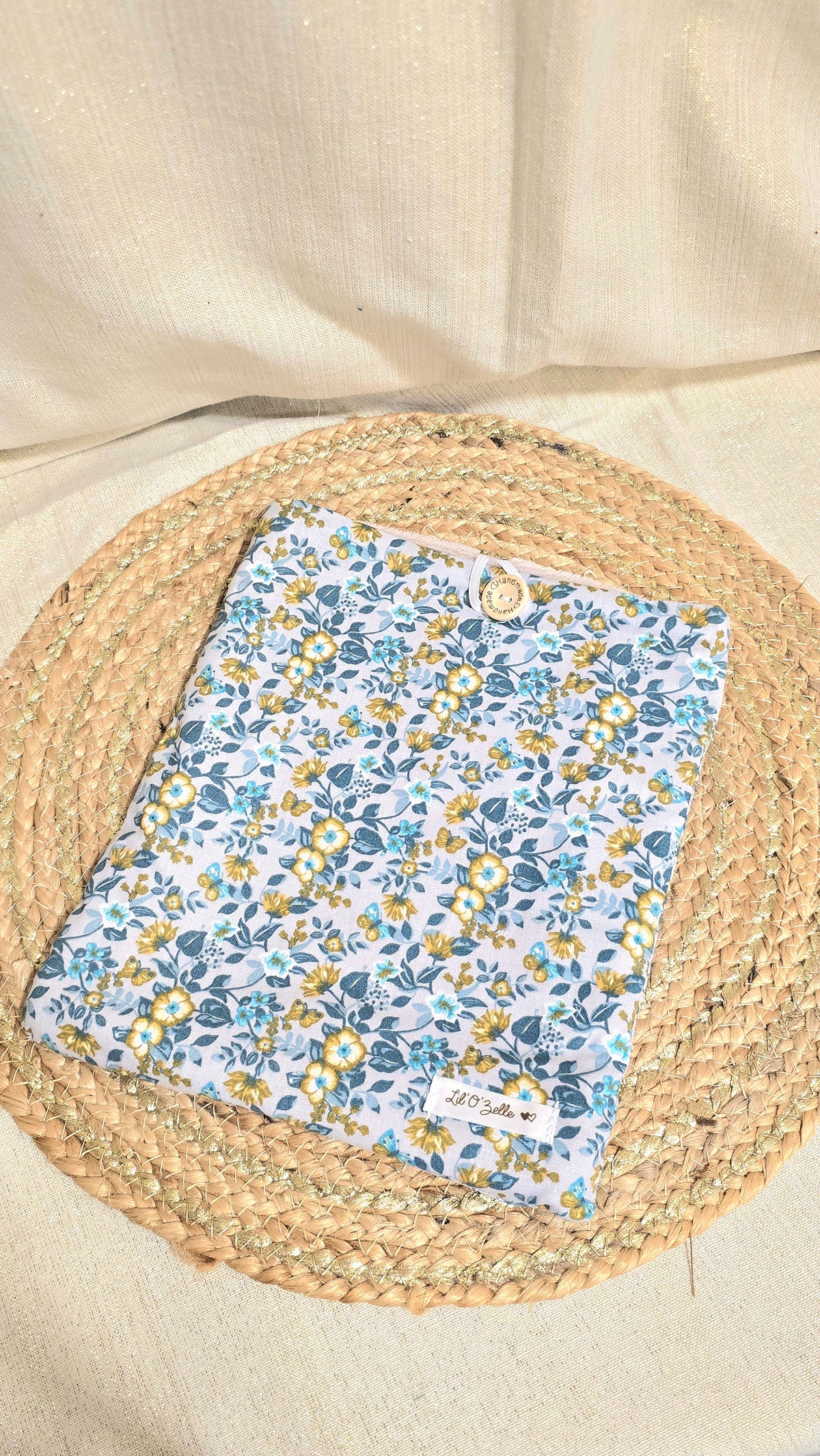 Pochette à livre, fleuri bleu, format broché