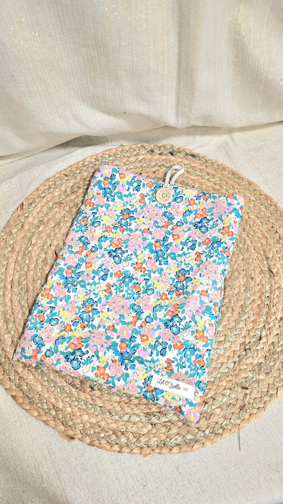 Pochette à livre, fleuri turquoise, format broché