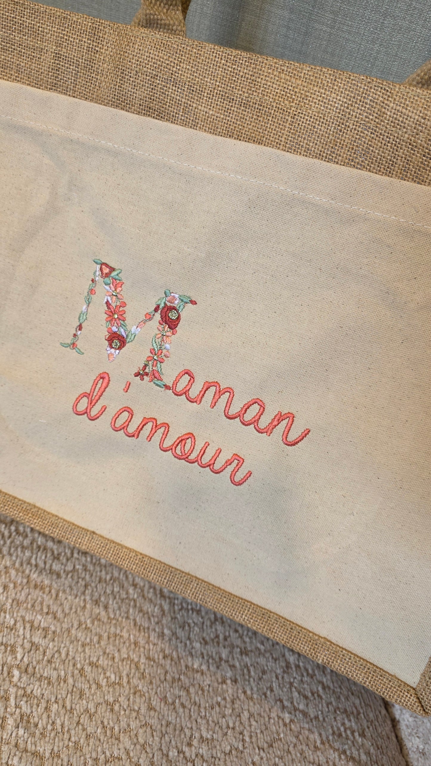 Sac en jute brodé Maman d'amour