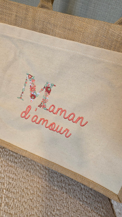 Sac en jute brodé Maman d'amour