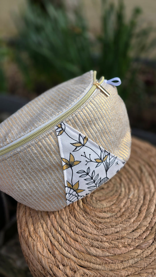 Sac banane velours fleuri, velours doré et empiècement fleuri, fait main par Lil'O'Zelle