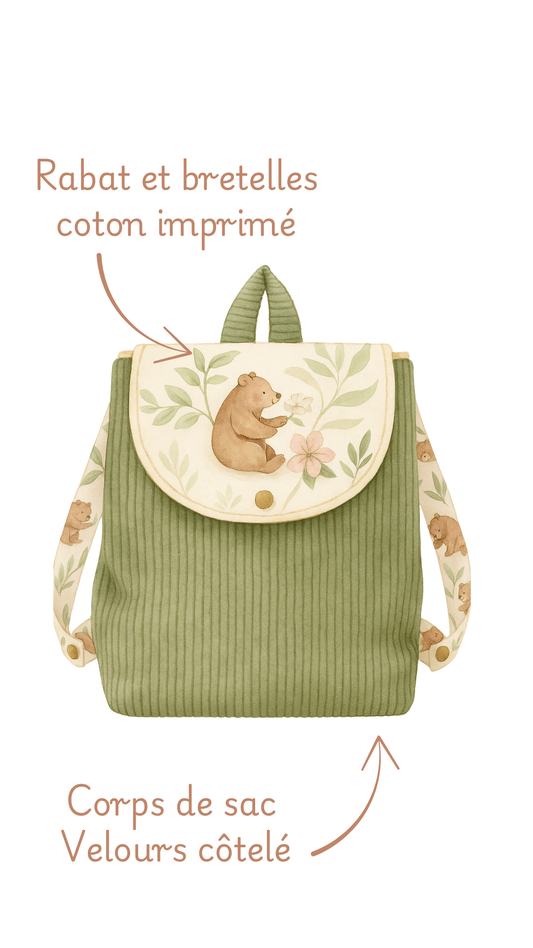 Sac à dos crèche Lison personnalisé, détail des matières : rabat en coton imprimé et corps en velours côtelé