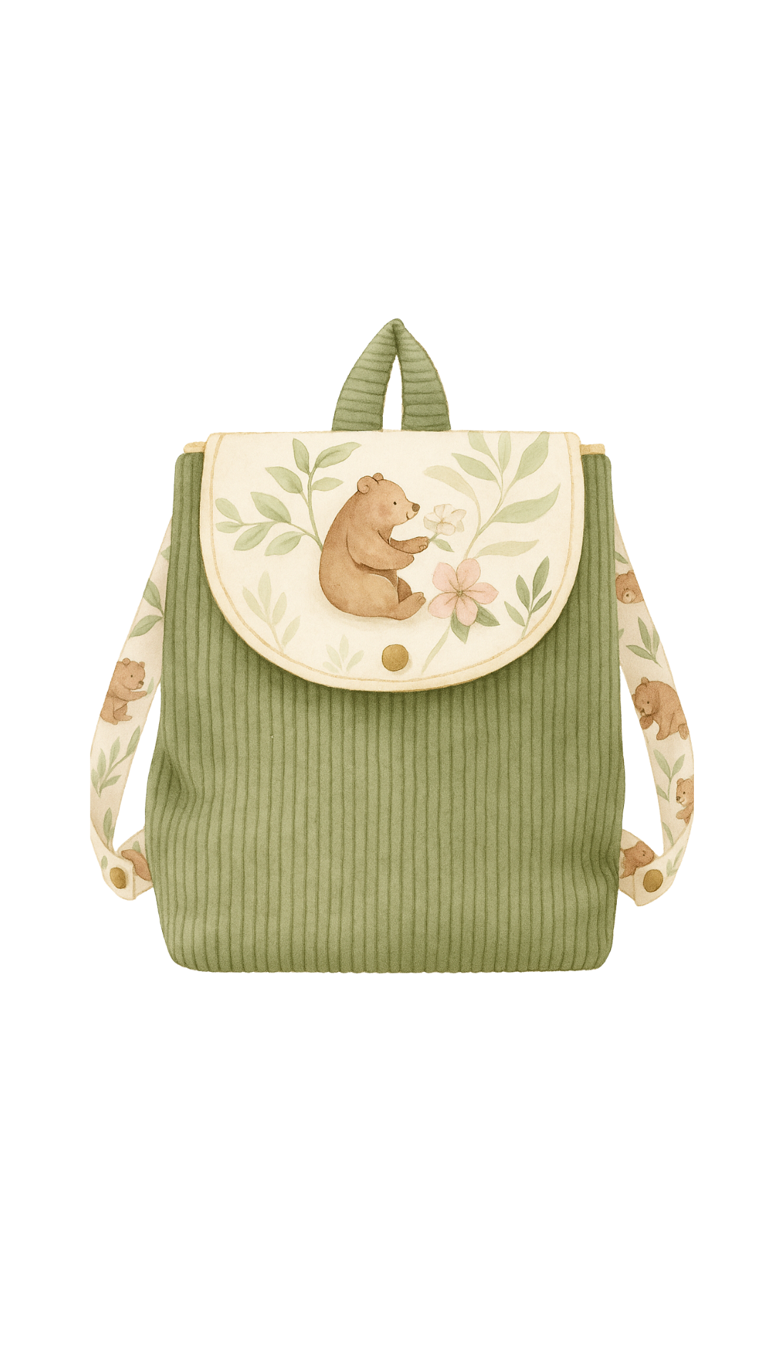Sac à dos garçon personnalisable Lison, velours vert et rabat ourson – fait main par Lil'O'Zelle