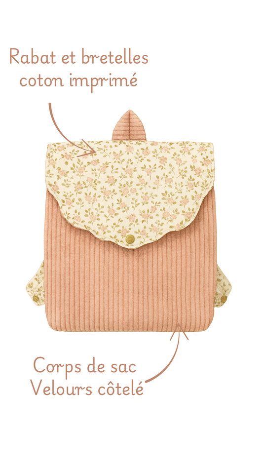 Sac à dos maternelle Léonie personnalisé, détail des matières : rabat en coton imprimé et corps en velours côtelé