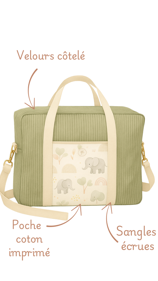 Sac à langer personnalisé, détail des matières : velours côtelé, poche en coton imprimé et sangles écrues