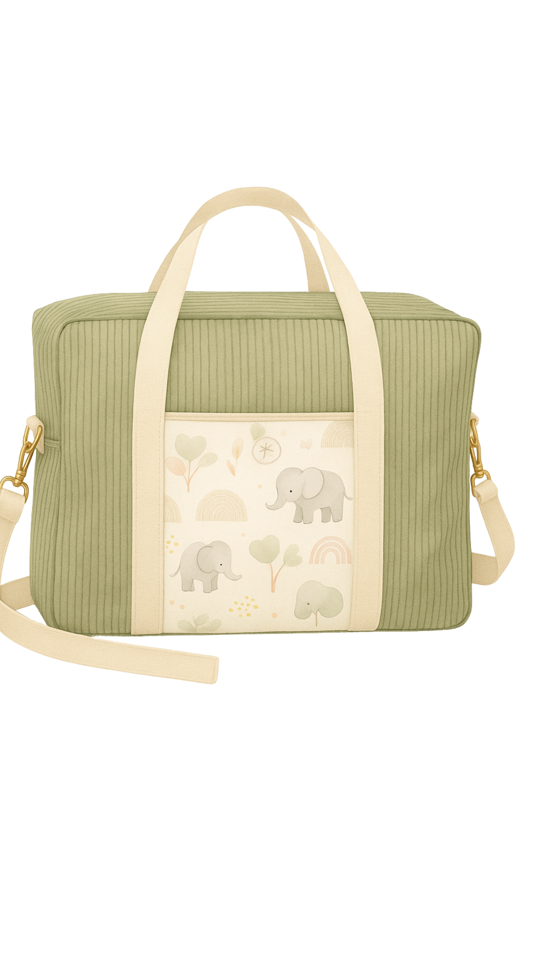 Sac à langer personnalisé prénom, velours vert et poche motif éléphants – fait main par Lil'O'Zelle