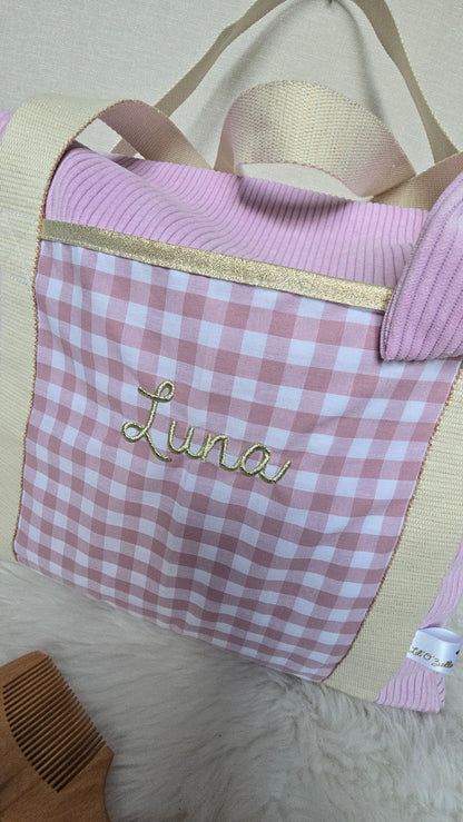 Sac à langer personnalisé, vichy rose, prénom brodé, vue de face