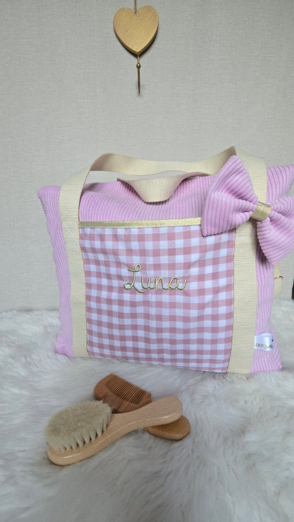 Sac à langer personnalisé, vichy rose et velours, prénom brodé