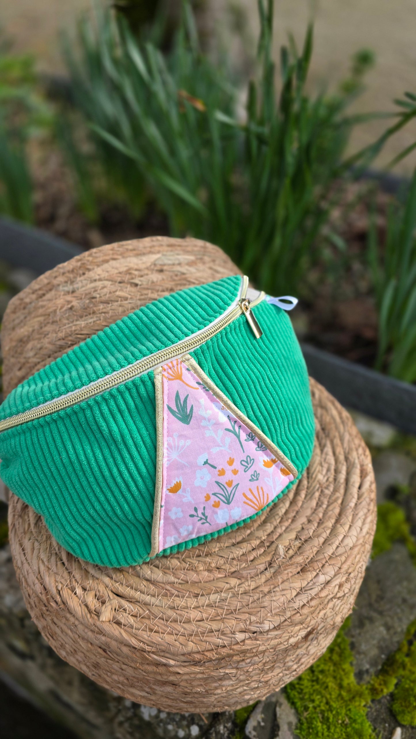 sac velours et imprimé rose fleuri, portbail, manche, fait main 