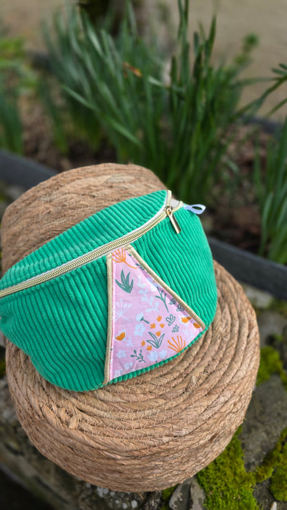 sac velours et imprimé rose fleuri, portbail, manche, fait main 
