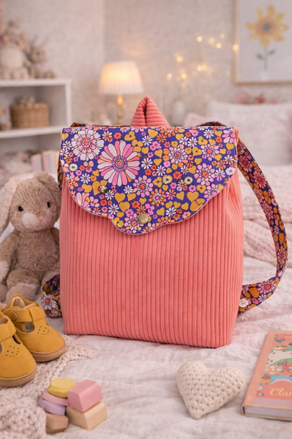 sac à dos fille corail velours et fleuri coloré à personnaliser