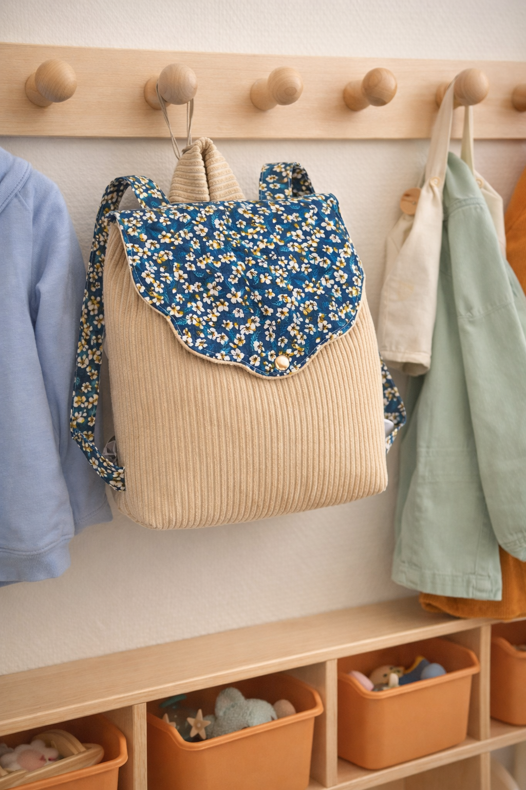 sac maternelle bleu canard doré fleuri personnalisable
