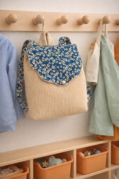 sac maternelle bleu canard doré fleuri personnalisable