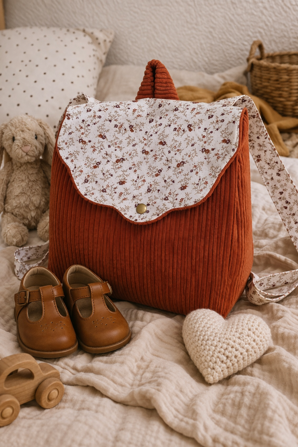 sac à dos bébé personnalisable fleuri et terracotta