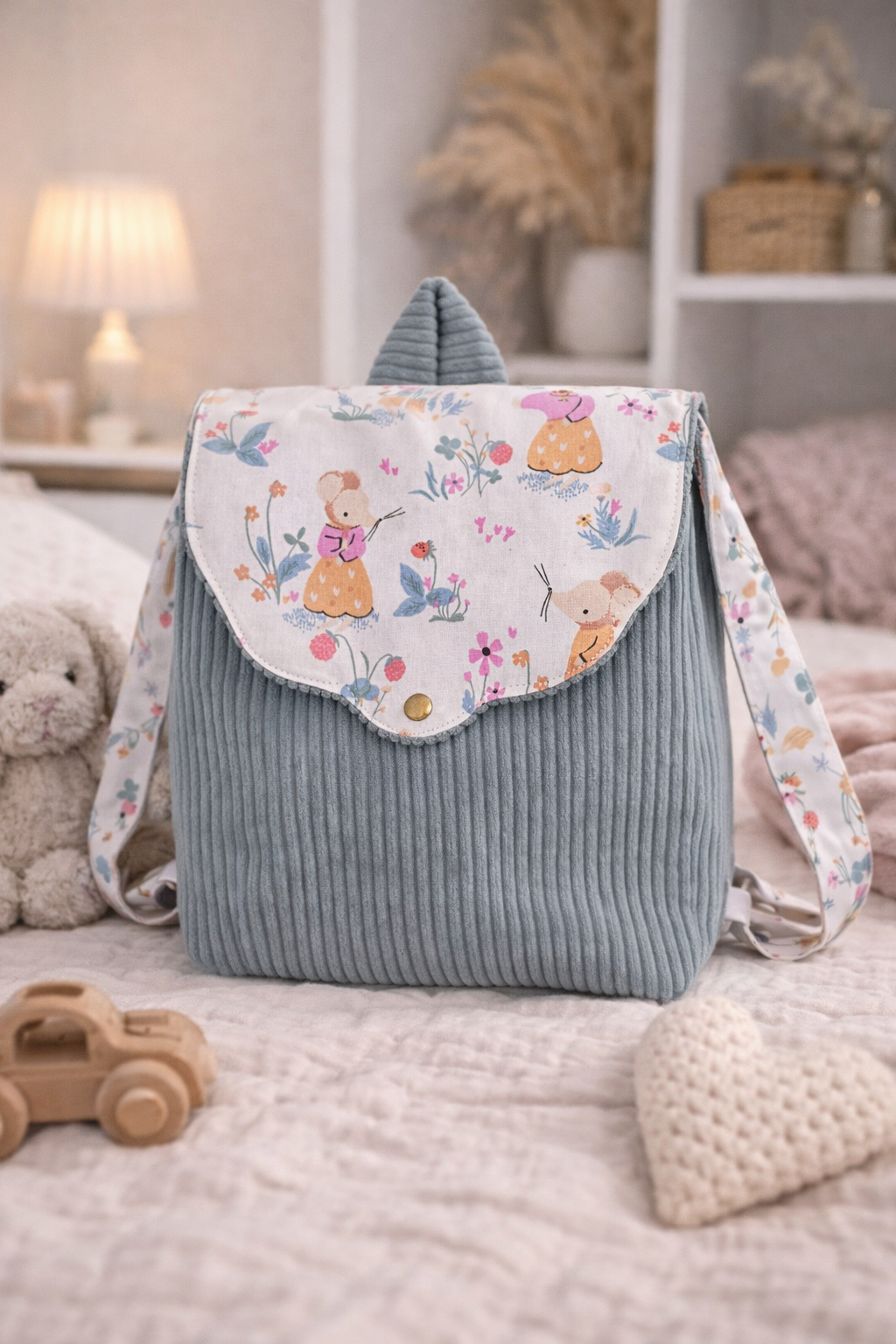 sac à dos bleu fille motif printanier personnalisé prénom