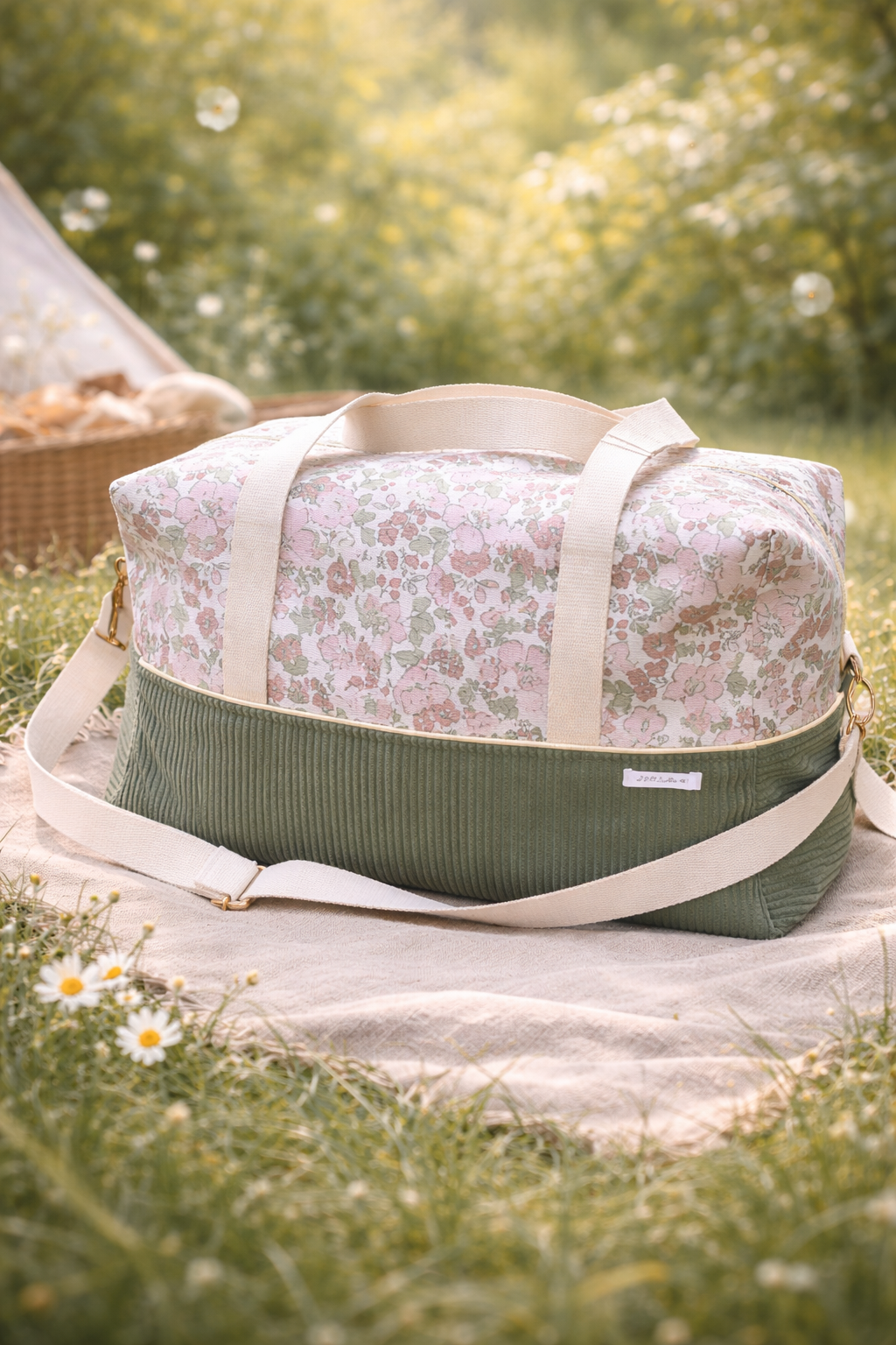 sac voyage kaki velours fleuri rose