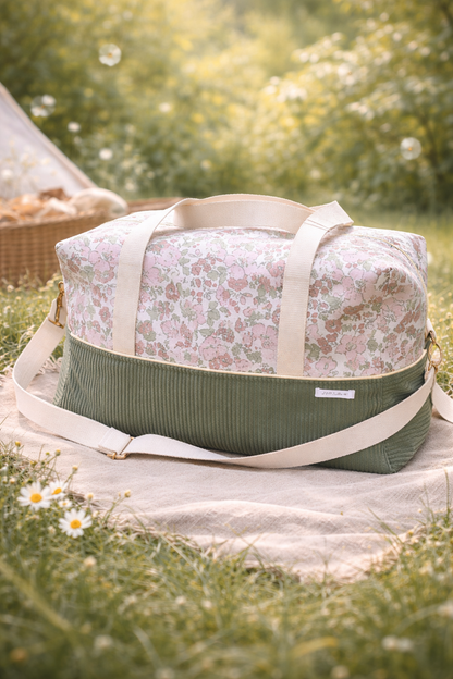 sac voyage kaki velours fleuri rose