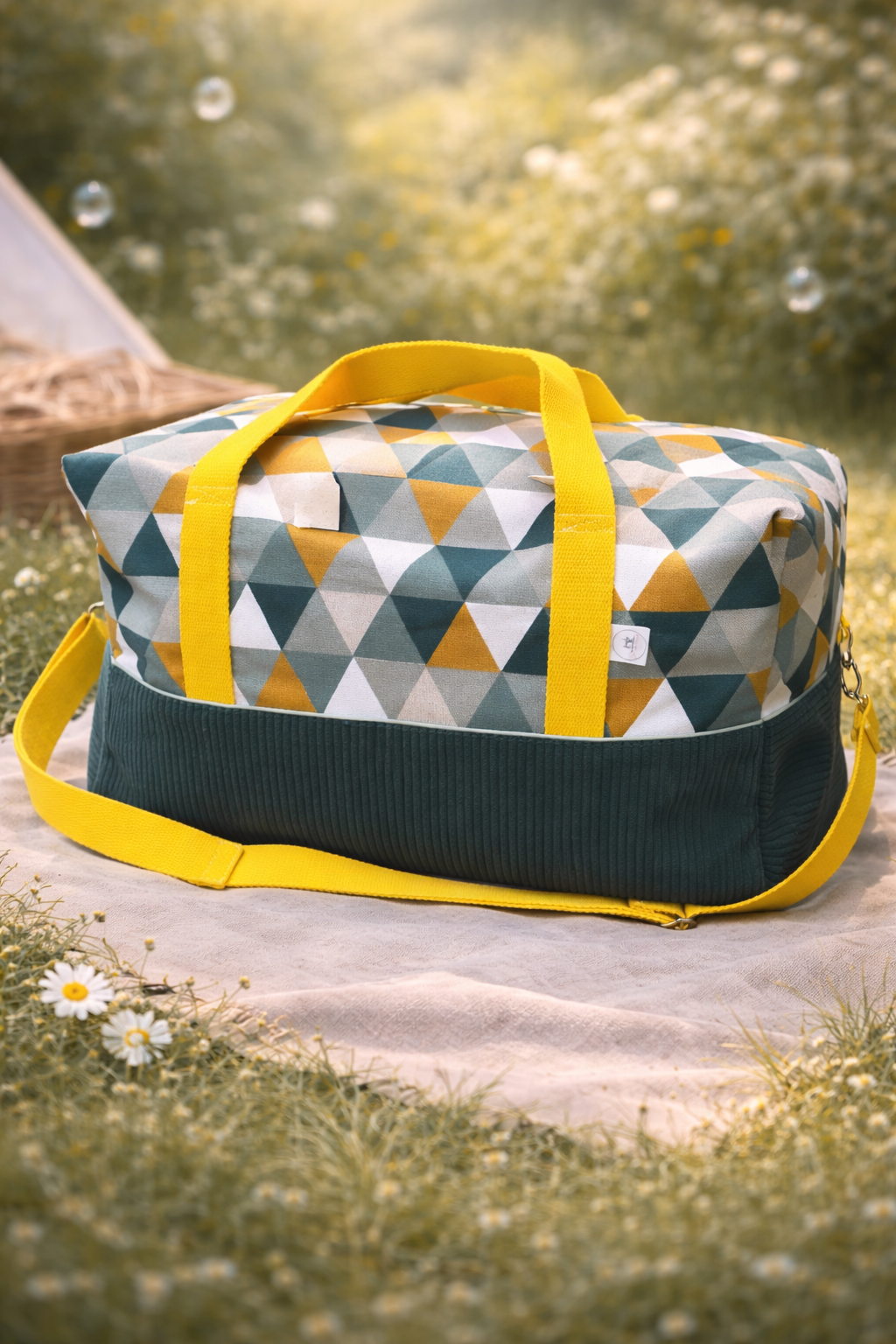 sac weekend jaune vert sapin forme géométrique