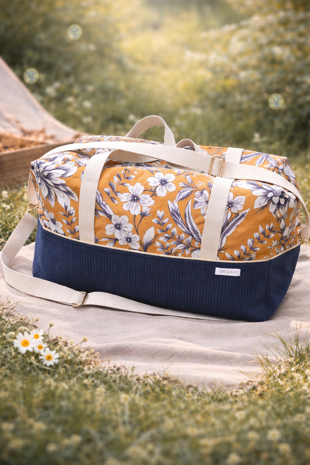 sac de voyage bleu marine velours et fleuri intemporel femme active
