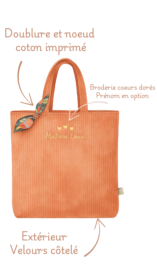 Totebag velours Soléa personnalisé, détail des matières : velours côtelé, doublure et nœud en coton imprimé