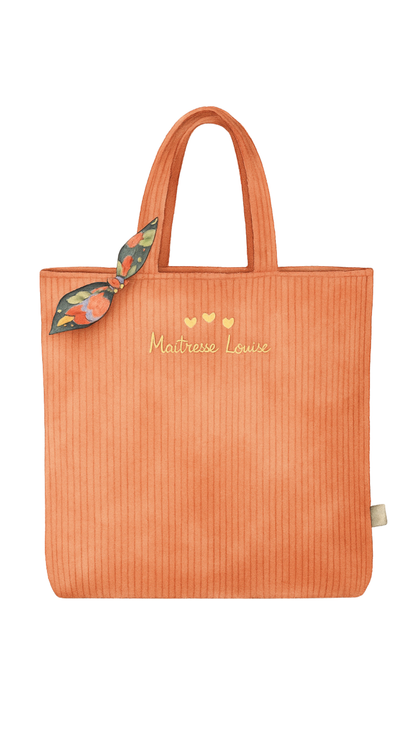 Tote bag velours personnalisé Soléa, velours orange et nœud fleuri – fait main par Lil'O'Zelle