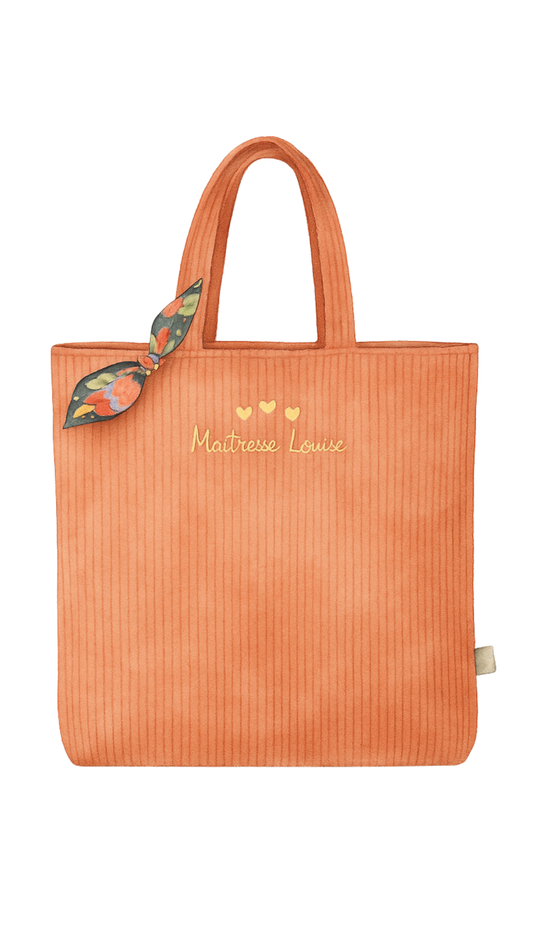 Tote bag velours personnalisé Soléa, velours orange et nœud fleuri – fait main par Lil'O'Zelle