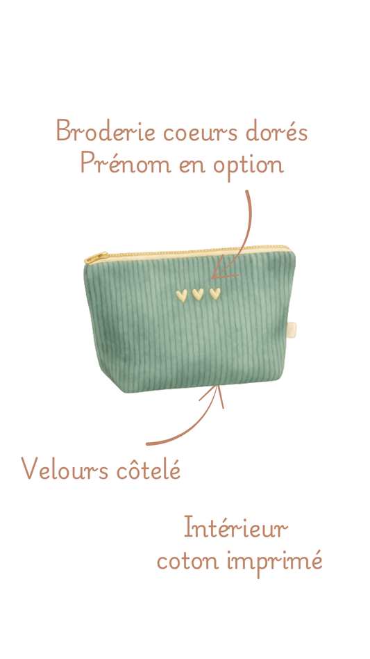Trousse Mini Calisia enfant, détail des matières : velours côtelé, intérieur en coton imprimé et broderie cœurs dorés