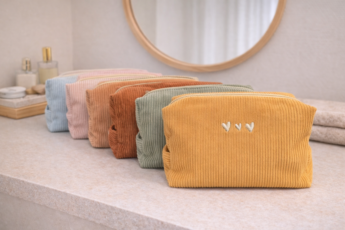Trousses de toilette en velours côtelé, collection de coloris, fait main par Lil'O'Zelle